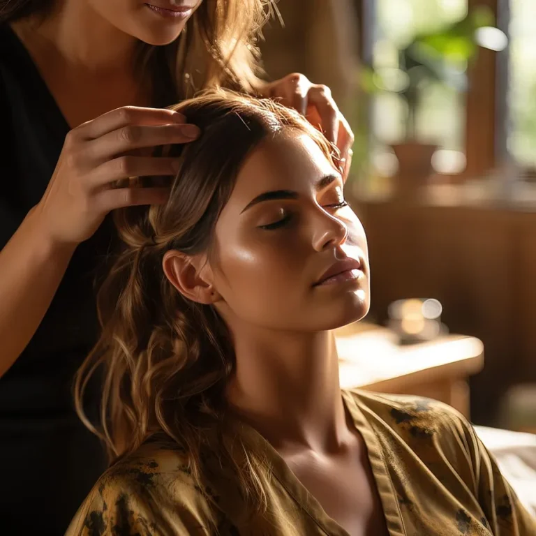 Woman receiving a scalp massage in a calm indoor setting